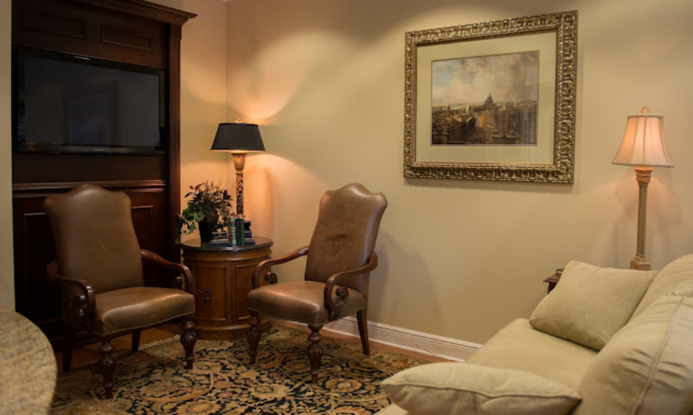 Antique brown chairs in reception area
