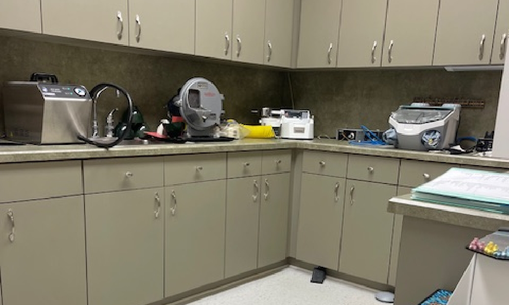 Countertops in storage area of dental office