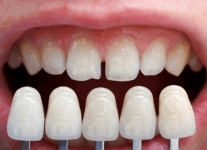 Close up of a dentist comparing veneers to a patient’s natural teeth
